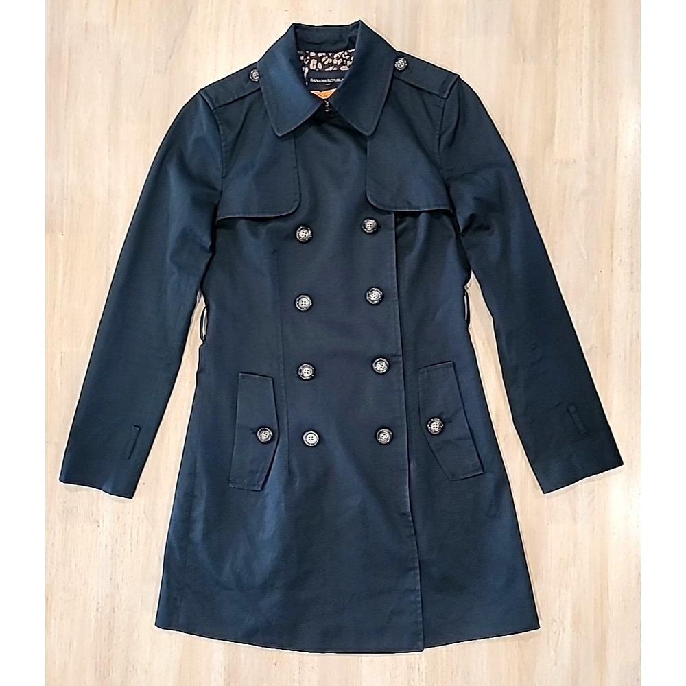 Banana Republic Womens Size XS Black Trench Coat Leopard Print Lining-No Belt